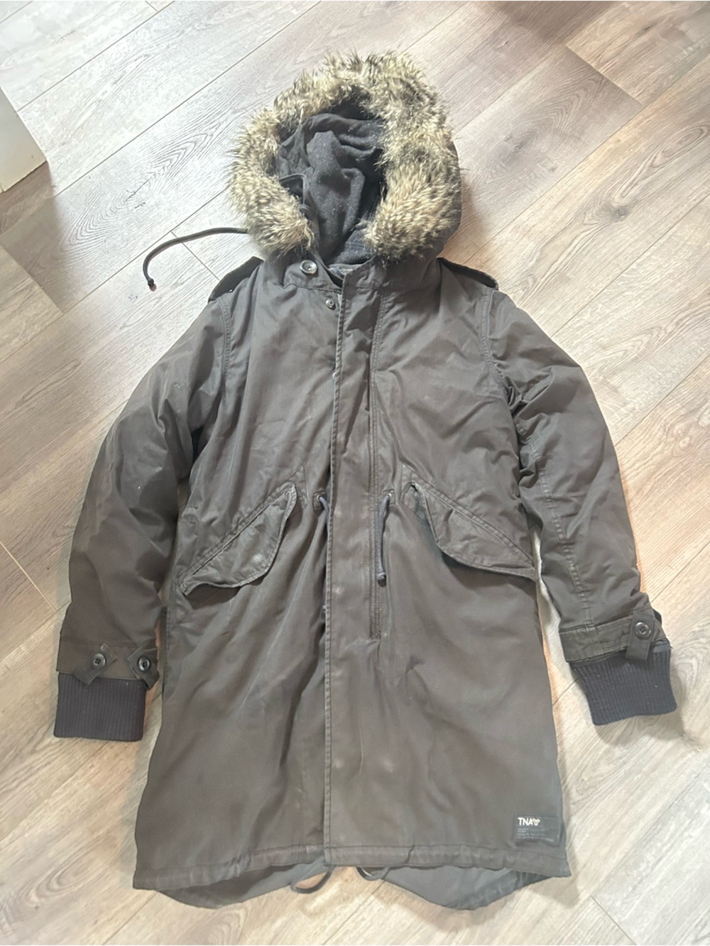 TNA Military-Style Parka Jacket in Dark Brown with Faux Fur Hood